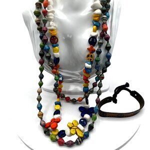 Bohemian Multi-Color Beaded Necklace & Peace Leather Bracelet Set